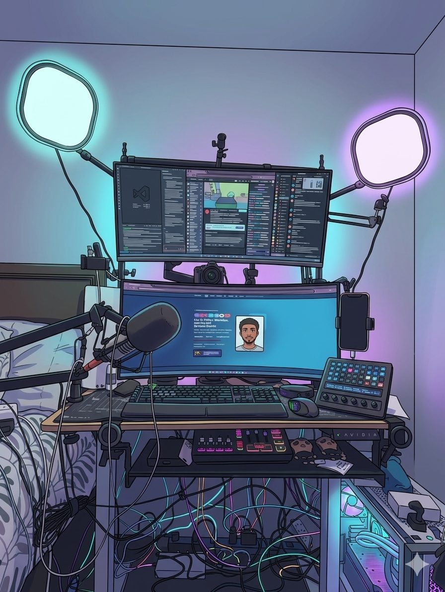 ssx3000 streaming battlestation: two stacked 34-inch LG ultrawides, a camera between them, boom mic, Stream Deck, GoXLR and the PC