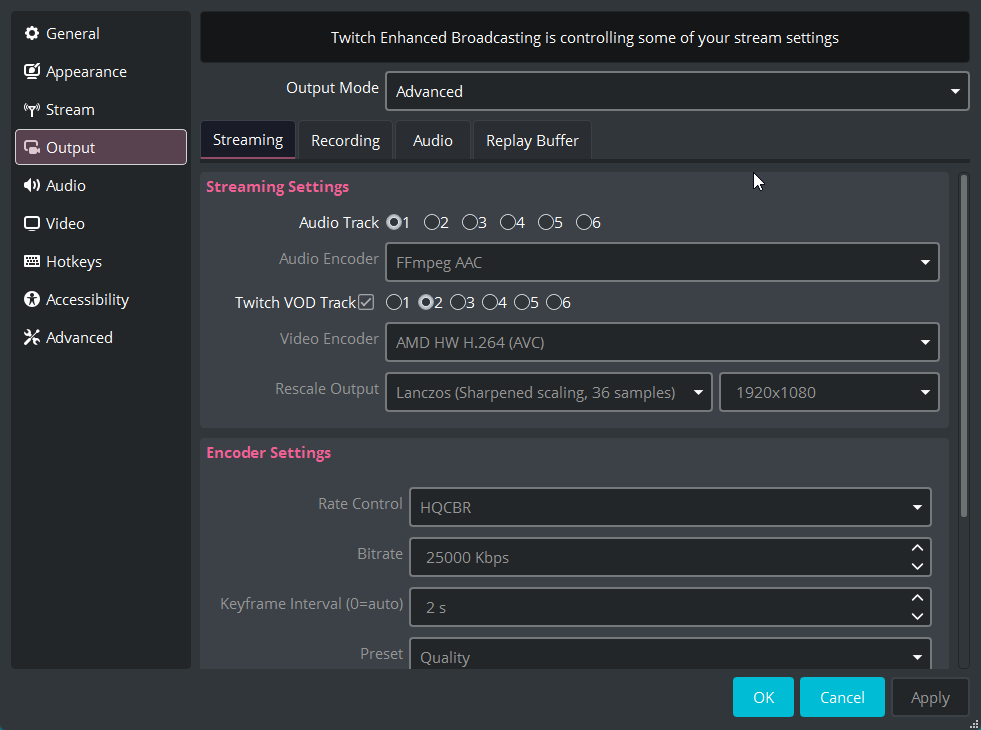Battlefield 6 settings for streaming: OBS Output settings showing the AMD HW H.264 encoder and Quality preset