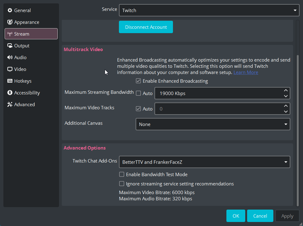 OBS Stream settings for streaming Battlefield 6, showing Twitch Enhanced Broadcasting and bandwidth options